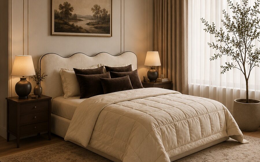 Lit Éléna dans une chambre classique contemporaine, vue trois-quarts