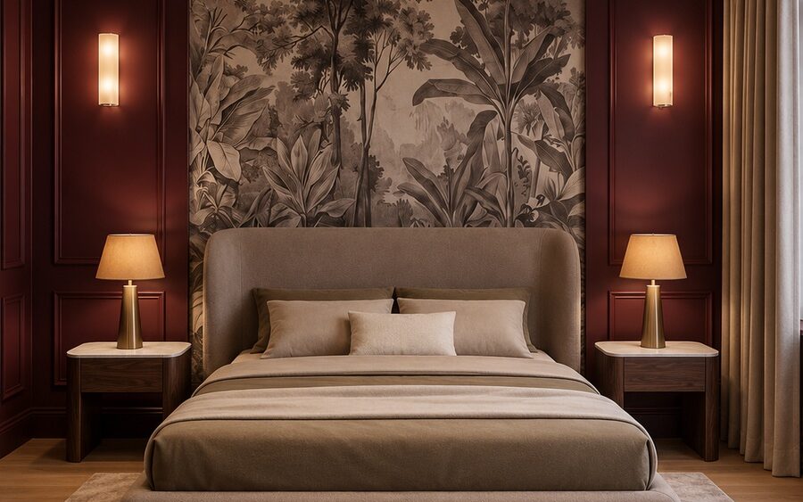 Lit Majorelle taupe dans une chambre contemporaine, vue de face
