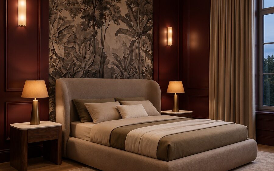 Lit Majorelle taupe dans une chambre contemporaine, vue trois-quarts