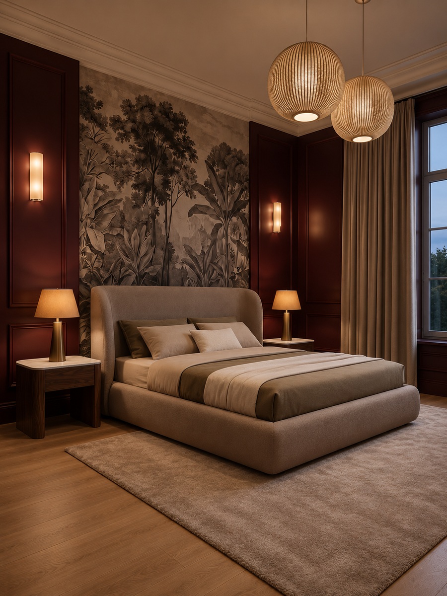 Lit Majorelle taupe dans une chambre contemporaine, vue trois-quarts