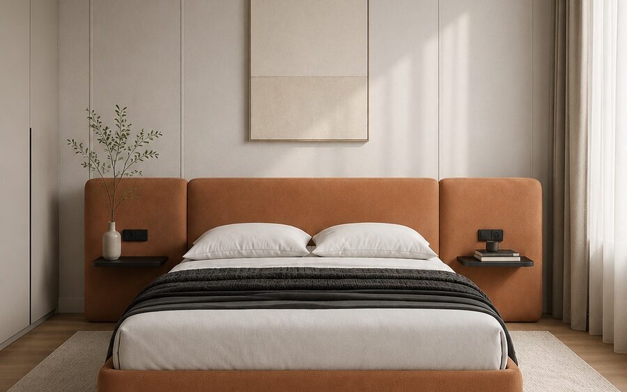 Lit Terra terracotta dans une chambre contemporaine, vue de face