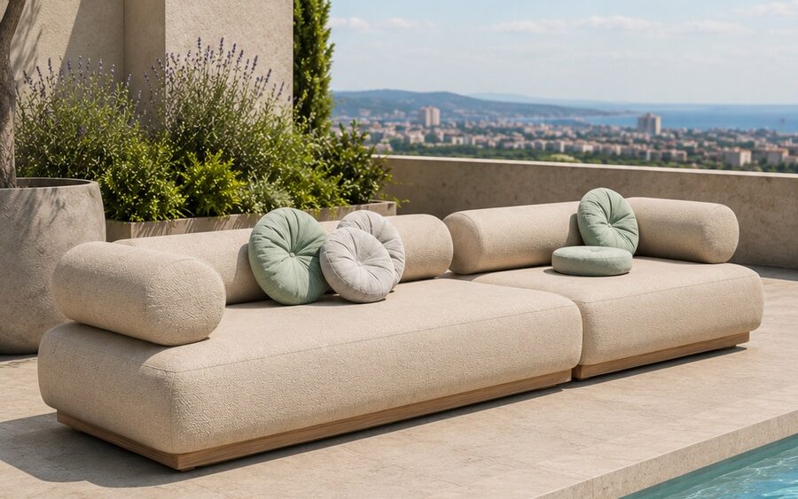Salon Linéa Outdoor beige sur une terrasse avec piscine