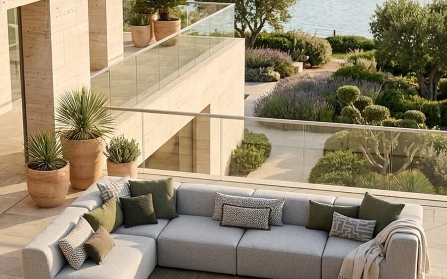 Salon Summer Outdoor en angle sur une terrasse contemporaine
