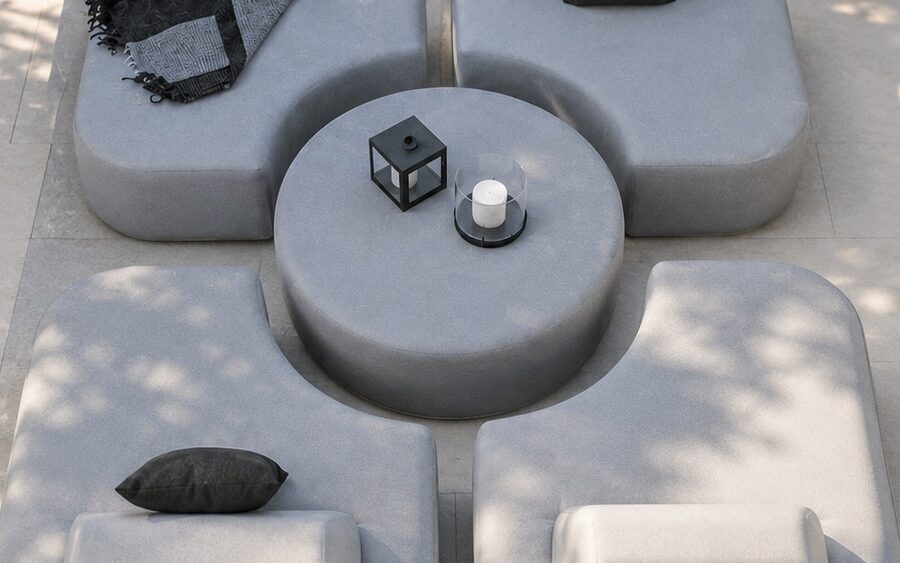 Salon Outdoor Modulable Carré gris dans un jardin, vue de dessus