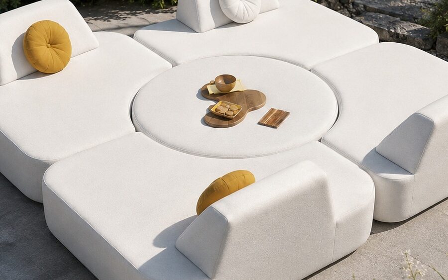 Salon Outdoor Modulable Carré blanc près d’une piscine